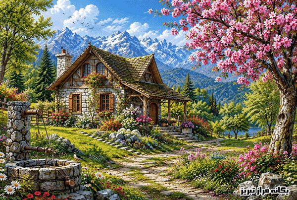 طرح و نقشه تابلو فرش دستبافت منظره کلبه ای در مسیرکوهستان-یگانه فراز