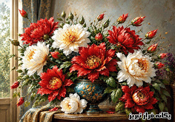 طرح و نقشه تابلو فرش دستبافت ترنم گل های سرخ و سپید-یگانه فراز